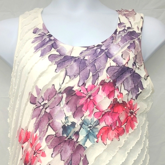 Christopher & Banks Sleeveless Midi Dress Watercolor Purple Pink Floral Ruffle - Picture 7 of 9